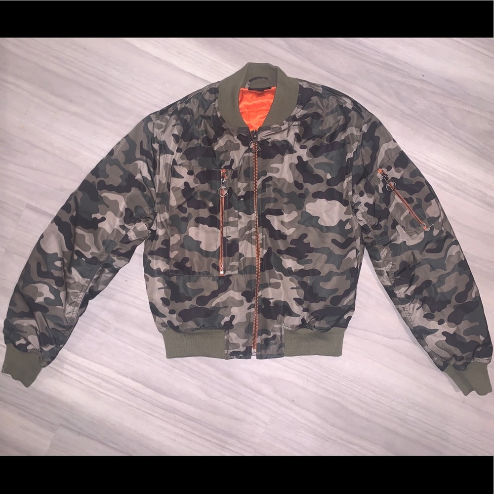 Topshop Camo Bomber with Orange Lining